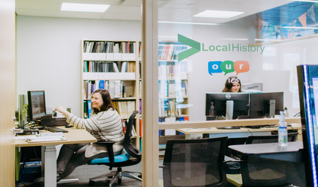 Image of two women in the Local History Room of the Lakeshore Branch of Innisfil ideaLAB & Library