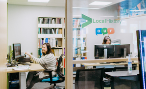 Image of two women in the Local History Room of the Lakeshore Branch of Innisfil ideaLAB & Library